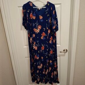 Woman Within Floral Print Maxi Dress Blue Pink Crinkle Short Sleeve Sz 2X 26 28
